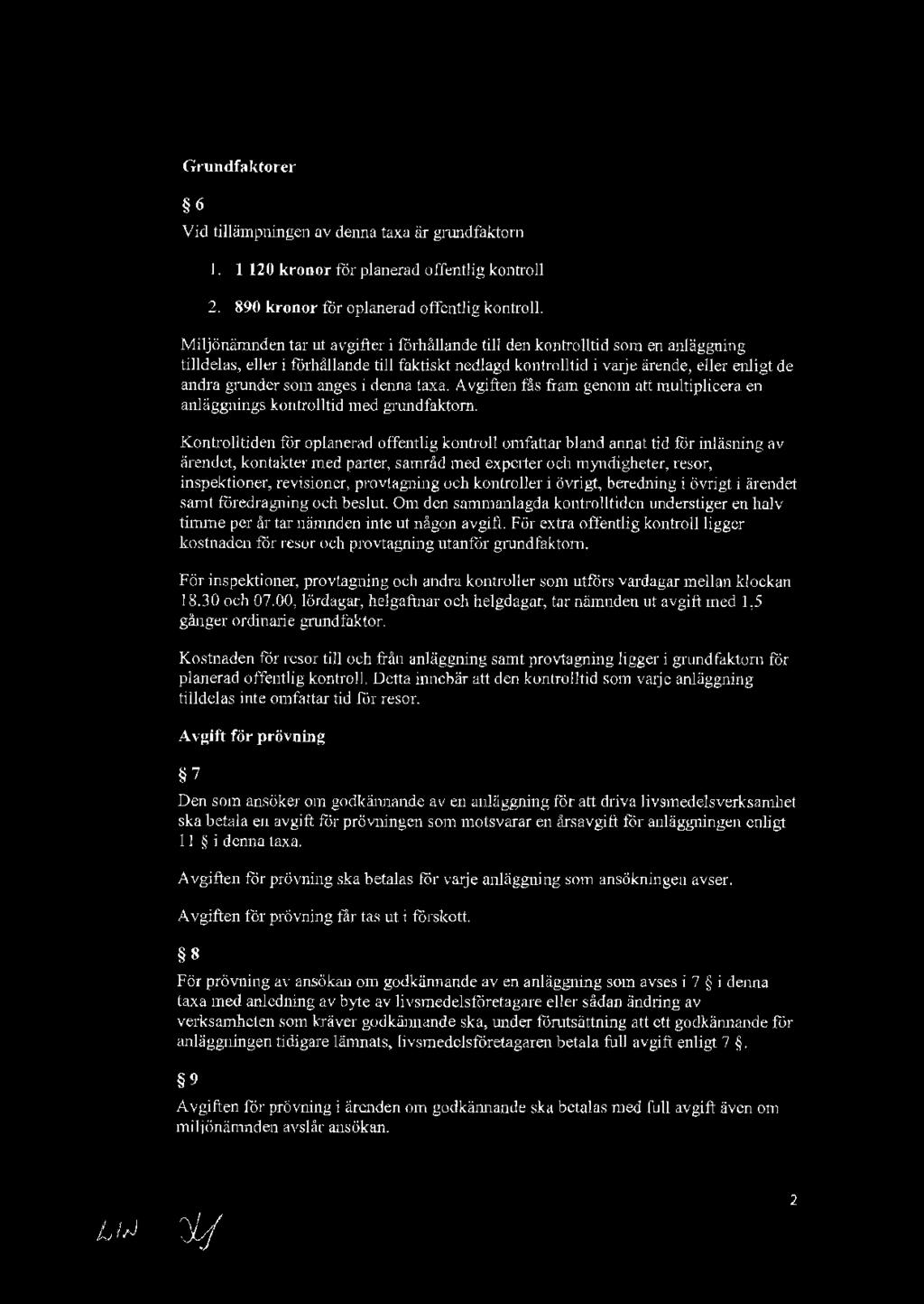 Grundfaktorer 6 Vid tillämpningen av denna taxa är grundfaktorn I. I 120 kronor för planerad offentlig kontroll 2. 890 kronor för oplanerad offentlig kontroll.