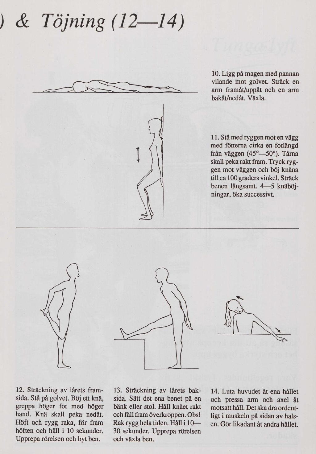 j & Töjning(12 14) 10. Ligg på magen med pannan vilande mot golvet. Sträck en arm framåt/uppåt och en arm bakåt/nedåt. Växla. 11.