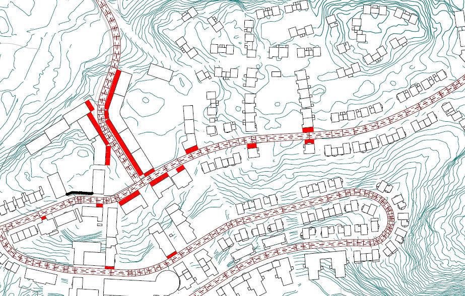 Om det i stället är 50 km/h på Hedenströms väg och gatan tillkommer några fastigheter på gatan enligt figuren nedan. Inga fler fastigheter berörs av ljudnivåer över riktvärdet längs Hedenströms väg.