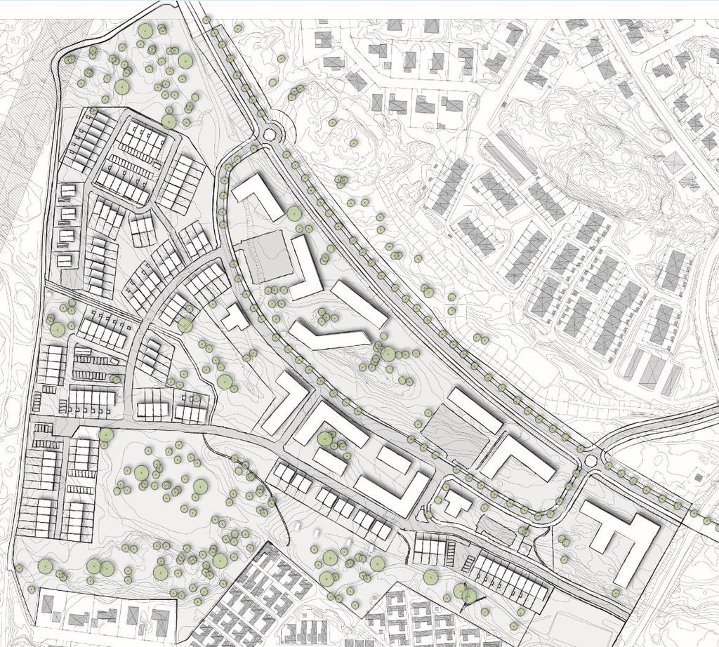 4 Planområdets föreslagna utformning Inom planområdet planeras mellan 400-450 nya bostäder. Bostäderna är blandning av flerbostadshus, radhus, kedjehus, parhus och fristående villor.