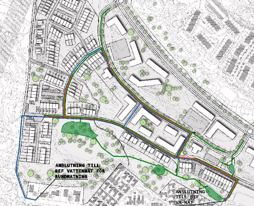 5 Förslag VA-ledningsnät I figur 5 visas hur planområdet kan förses med kommunalt VA. 5.1 Spillvatten och dagvatten Hela planområdet kan försörjas med självfallsledningar som ansluts till befintligt nät i planområdets sydöstra gräns.