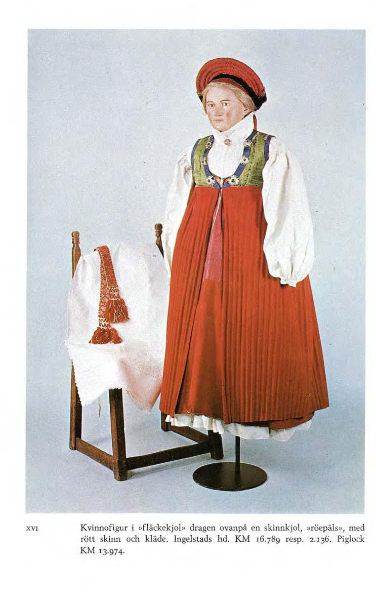 XVI Kvinnofigur i»fläckekjol» dragen ovanpå en skinnkjol,»röepäls», med