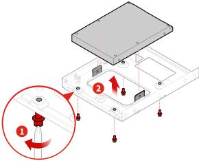 Bild 38. Ta bort den primära 2,5-tumslagringsenheten från lagringskonverteraren Bild 39. Installera den nya primära 2,5-tumslagringsenheten i lagringskonverteraren 3. Slutför bytet av delar.