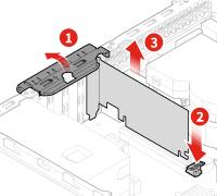 2. Ta bort frontplattan. Se Byta ut frontplattan på sidan 23. 3. Byt ut ett PCI Express-kort. Anm: När du tar bort PCI Express-kortet trycker du in spärren för att lossa den från kortplatsen.