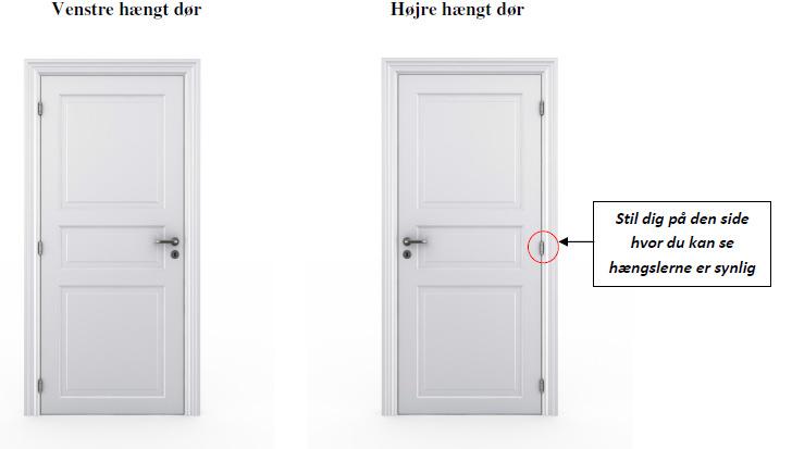 Definition av höger-/vänsterupphängning Framsidan av dörren definieras som den sida där gångjärnen är synliga.
