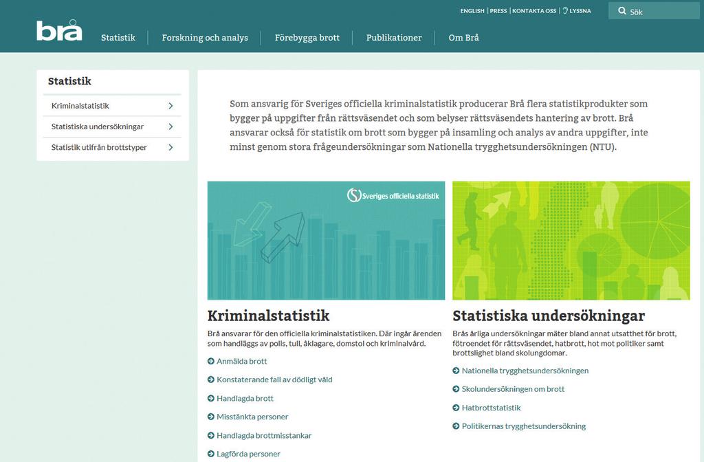 28 BROTTSFÖREBYGGANDE RÅDET ÅRSREDOVISNING 2018 Brå publicerar mycket registerbaserad officiell statistik om rättsväsendets handläggning och hantering av brott, samtidigt som mediernas och