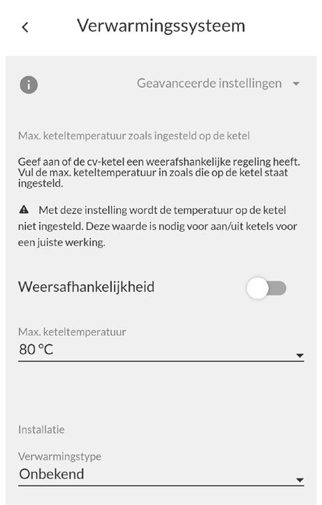 2. Aansluiten op de cv-ketel Adam is aangesloten op een aan/uit-ketel Geef bij Instellingen > Verwarmingssysteem > Verwarmen aan wat de maximale aanvoertemperatuur is die op jouw ketel is ingesteld.