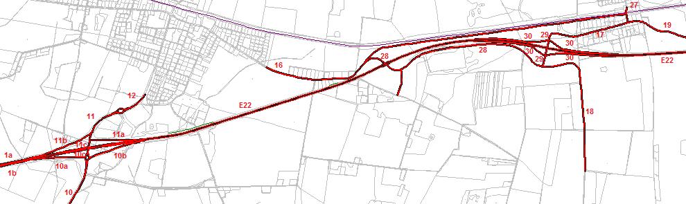 Nr på karta Väg Sträcka ÅDT Andel tung trafik [%] Hastighet lätt trafik [km/h] Hastighet tung trafik [km/h] 18 1667 E22-väg 1666 660 7,1 70 70 19 2066 E22-väg 2073 (östra delen) 400/700 9,0 40 40 20