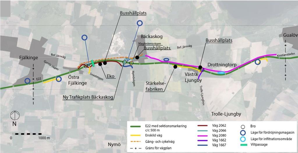 1. Inledning Vägplanen omfattar utbyggnad av E22 till motorvägsstandard på sträckan mellan Trafikplats Fjälkinge i väster och Trafikplats Gualöv i öster, se Figur 1.