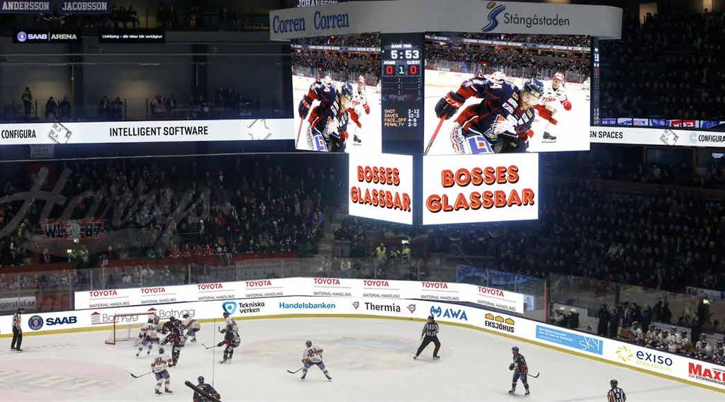 8 9 Mediakuben och LED-skärmar i Saab Arena! Mitt i Saab Arena, i allas blickfång, hänger Mediakuben. Den används självklart primärt för att visa matchbilder, repriser och matchstatistik.