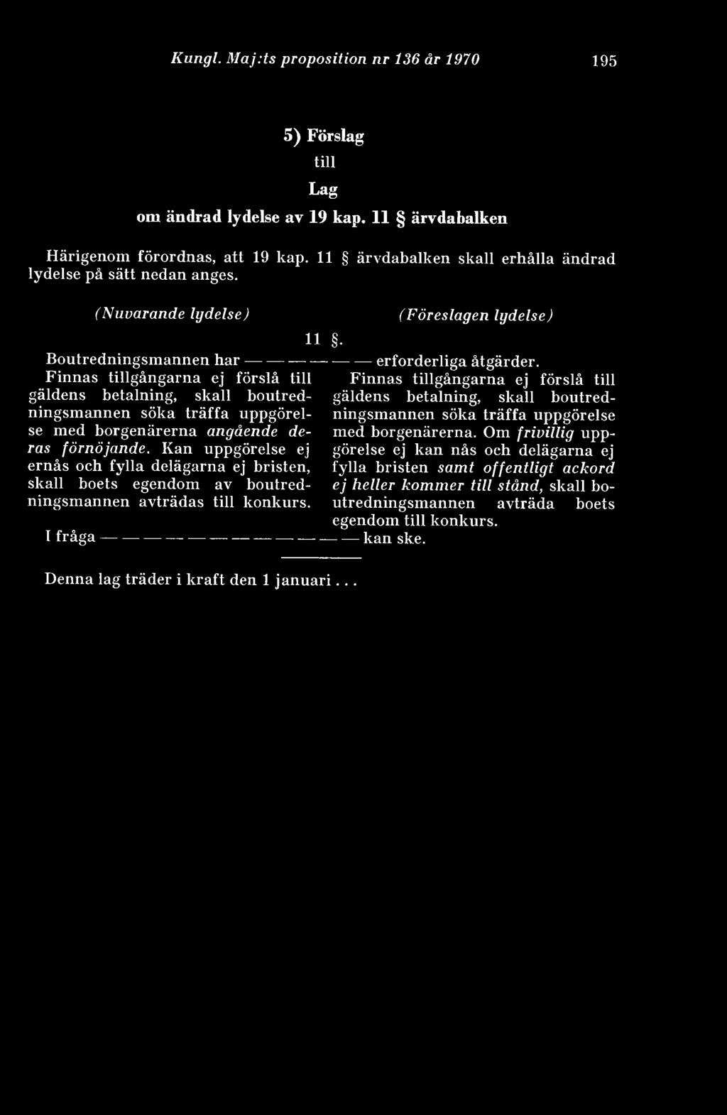 (Nuvarande lydelse) 11 Boutredningsmannen har------------ Finnas tillgångarna ej förslå till gäldens betalning, skall boutredningsmannen söka träffa uppgörelse med borgenärerna angående deras