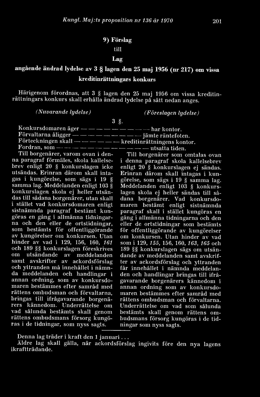 1956 om vissa kreditinrättningars konkurs skall erhålla ändrad lydelse på sätt nedan anges. (Nuvarande lydelse) (Föreslagen lydelse) 3 Konkursdomaren äger------------------ ---------------har kontor.
