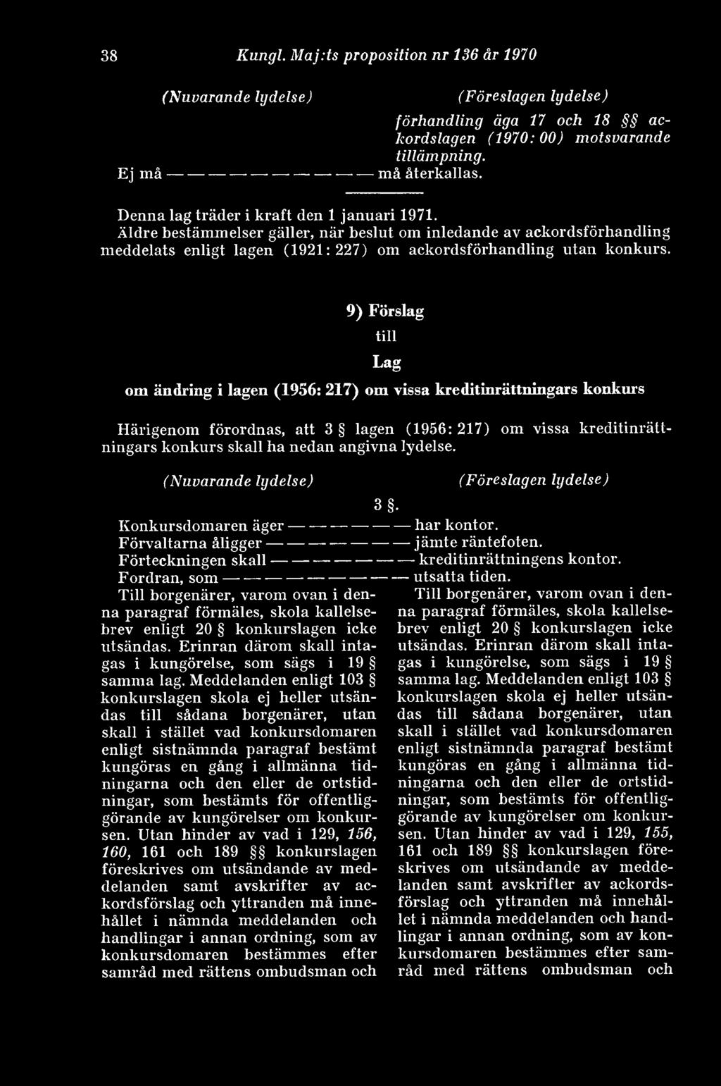 9) Förslag till Lag om ändring i lagen (1956: 217) om vissa kreditinrättningars konkurs Härigenom förordnas, att 3 lagen (1956: 217) om vissa kreditinrättningars konkurs skall ha nedan angivna