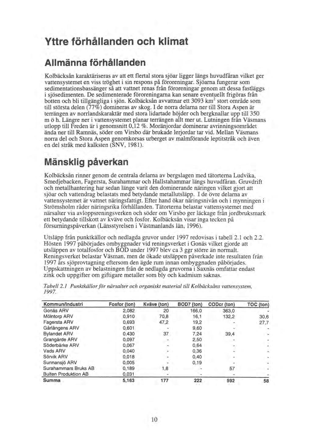 Yttre förhållanden och klimat Allmänna förhållanden Kolbäcksån karaktäriseras av att ett flertal stora sjöar ligger längs huvudfåran vilket ger vattensystemet en viss tröghet i sin respons på
