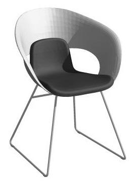 Sittskal i vit, svart, ljusgrå (RAL7038) eller mellangrå (RAL7037) plast med klädd sittdel. Underrede i ask eller ek. Armchair.