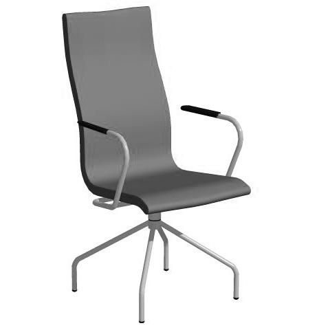 Swivelling pillar frame on glides in chromium, white (RAL 9016), black (RAL9005) or silver lacquered metal. Armrests in black plastic. Underrede i lack, enligt RAL s.