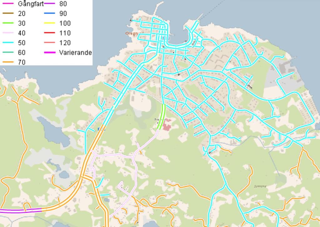 47 (86) Hastighetsbegränsningen från väg 76 in mot Öregrund är 80 km/h. Där gles bebyggelse utmed vägen infaller några hundra meter innan tätorten sänks hastigheten till 70 km/h.