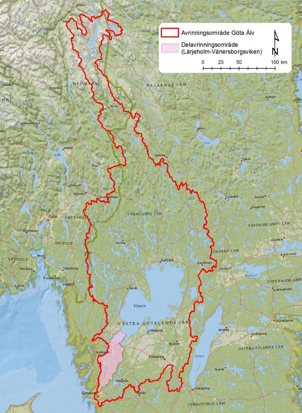 Figur 1: Karta över Göta älvs avrinningsområde samt den del av avrinningsområdet varifrån vattnet