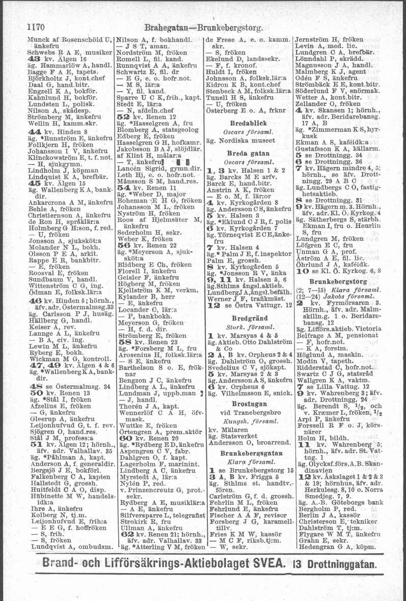 , Brahegatan-Brunkebergstorg. BIunck af Rosenschöld U, Nilson A, f. bokhandl. de Frese A. e. o. kamm. Jernström H, fröken änkefru - J S T, aman. skr. Levin A, med. lic.