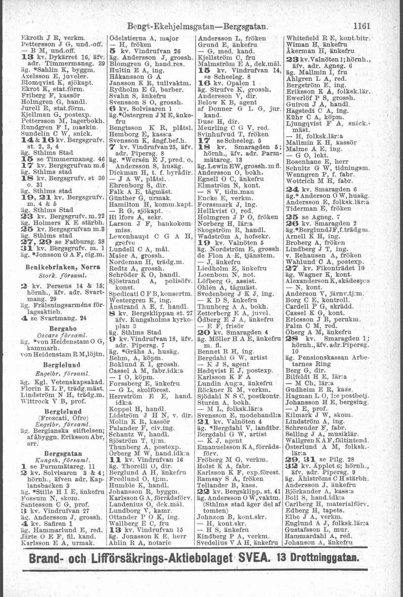 Bengt-Ekehjelmsgatan-Bergsgatan. Ekroth J R, verb. Odelstierna A, major Andersson L, fröken Whitefield R E, kont.bit Pettersson J G, und.-e. - H fröken Grund E, Snkefru Wiman H änkefru - B %!i und.