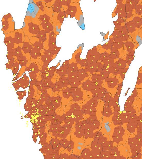 Högst antal personer med mer än 2 mil till närmaste posttjänst har Lidköping där ca 700 personer har längre än 2 mil.