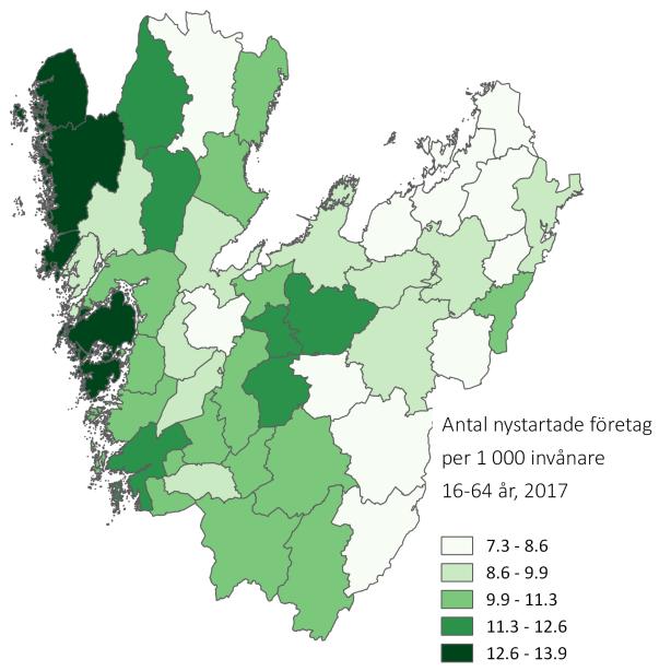 9 Många företagare i Dalsland Andel företagare eller kombinatörer av de sysselsatta (de som har hela eller delar av sin arbetsinkomst från egen verksamhet) är högst i Dals-Ed tillsammans med flera