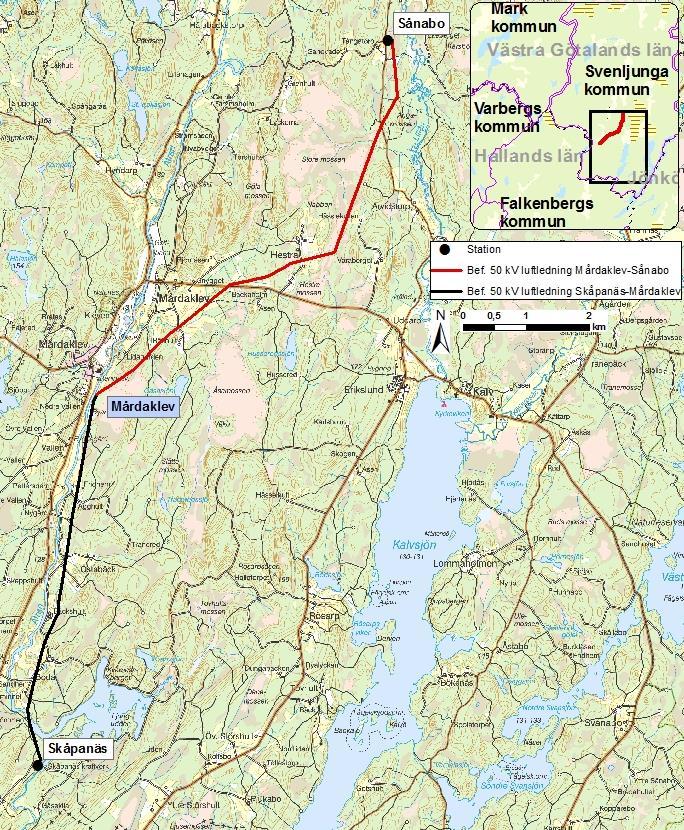 Figur 1.1. Karta över aktuell ledningssträcka Mårdaklev Sånabo (röd linje). Ledningen kommer från Skåpanäs, denna sträcka syns i kartbild (svart linje). 1.2 Tillstånd För att få bygga och använda en kraftledning krävs tillstånd, s.
