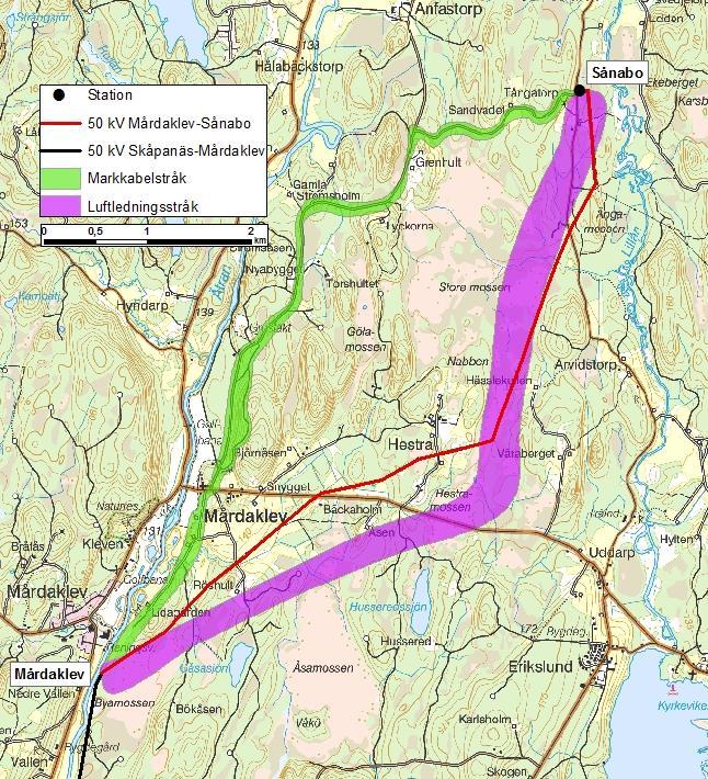 Figur 3.1. Befintlig luftledning (röd linje) samt identifierat markkabel- och luftledningsstråk. 3.1 Förutsättningar Förutsättningarna är att ledningen ska ansluta till befintlig ledning vid Mårdaklev och gå till stationen i Sånabo.