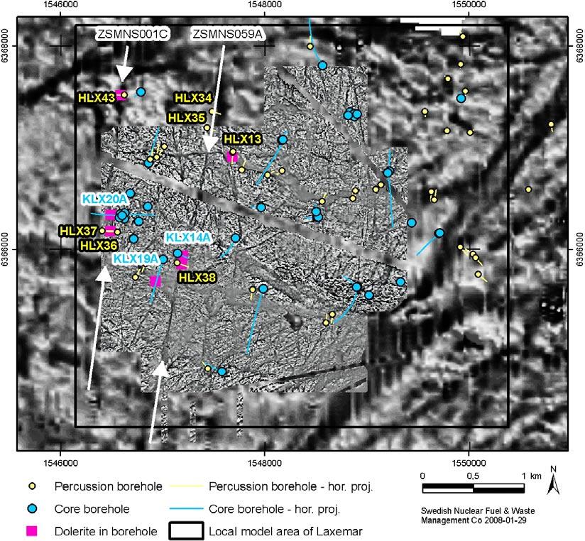 Figure 5-3. The white arrows mark two significant lineament complexes, reflecting deformation zones ZSMNS001C and ZSMNS059A, where dolerite is found in boreholes.
