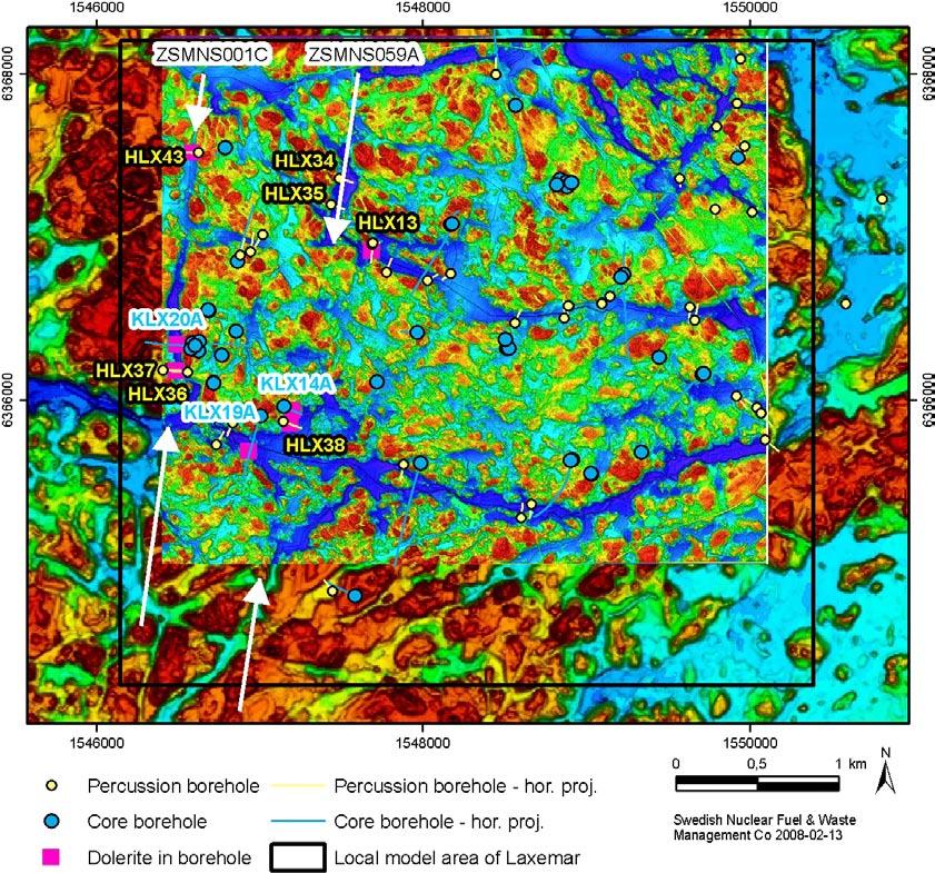 Figure 5-4. The white arrows mark two significant lineament complexes, reflecting deformation zones ZSMNS001C and ZSMNS059A, where dolerite is found in boreholes.