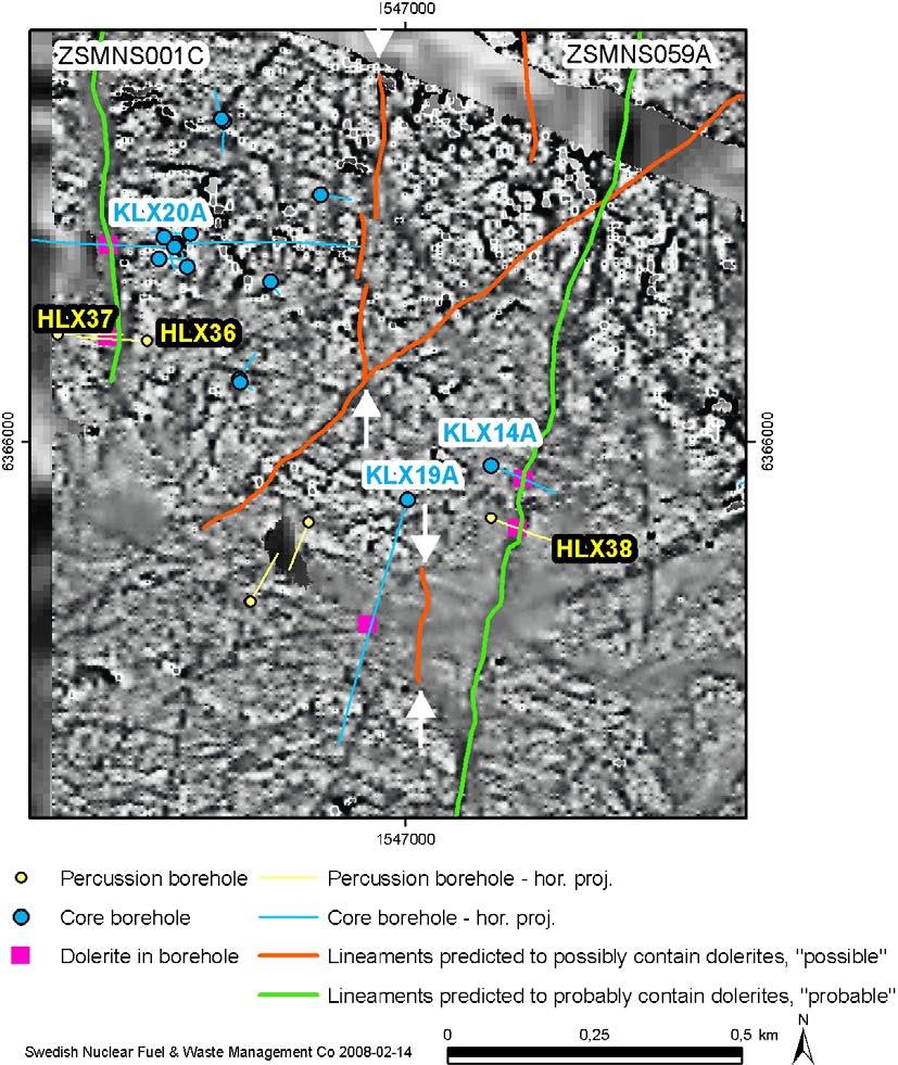 Figure 5-5. The white arrows mark short and scattered lineament complexes near KLX19A where dolerite is found.