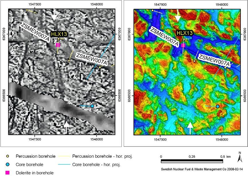 The dolerite in HLX13 is not directly connected to any magnetic and topographic nearby features (lineaments) other than ZSMEW007A.