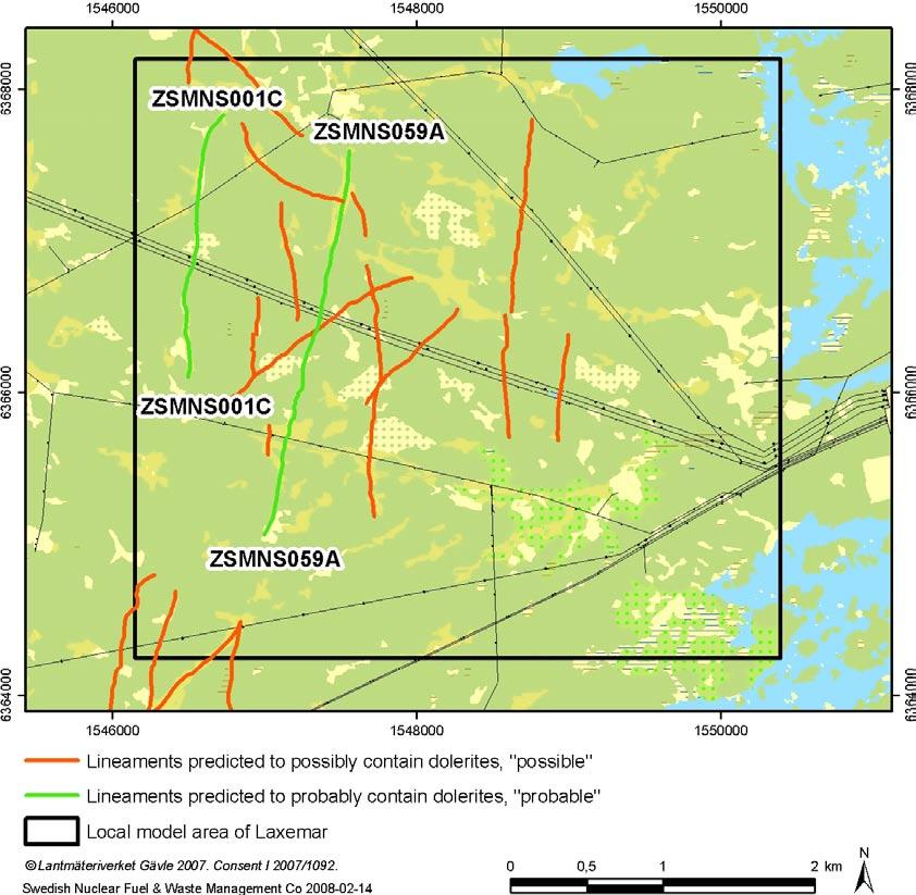 5.3 Probable and possible dolerite dykes and their relation to earlier presented lineaments In total, two lineaments are classified as probable regarding their potential content of dolerite as part