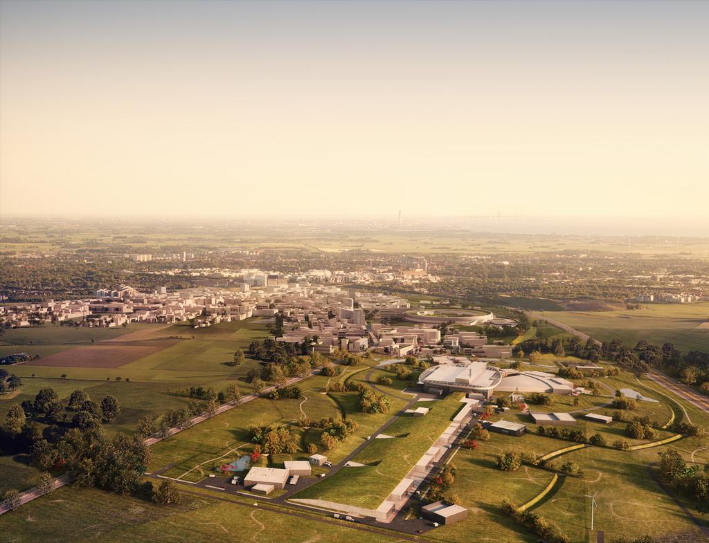 ESS En modell av ESS, som visar MAX IV och det förväntade Science Village.