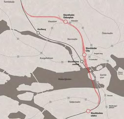 1. Inledning Illustration: Den s.k. Getingmidjan med två trafikspår genom Stockholms centrala delar hämmar utvecklingen av all tågtrafik, pendeltåg, regionaltåg, interregionala tåg och godståg.