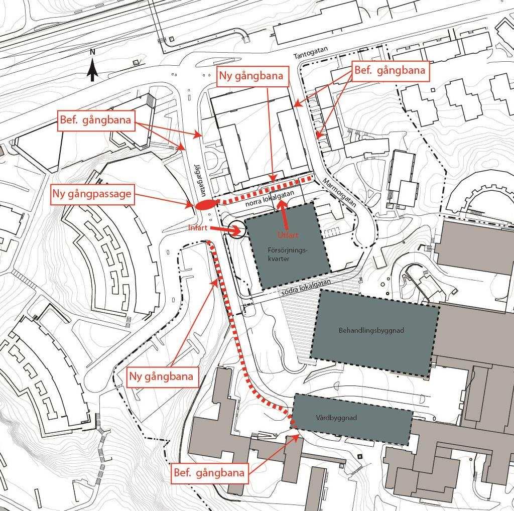 G2 - Varumottagning i försörjningskvarteret. Infart via Jägargatan och utfart via norra lokalgatan.