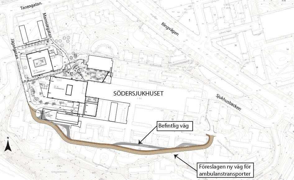 3.3 Bortvalda förslag till åtgärd - Varumottagning och ambulansangöring A2 - Ambulansangöring i befintlig varumottagning. Primär tillfart via Sjukhusbacken och Jägargatan.
