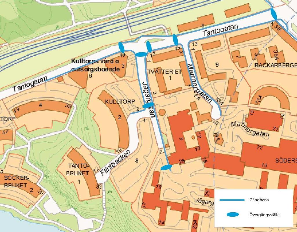 Bild 2.4. Befintliga gångbanor i anslutning till Jägargatan.