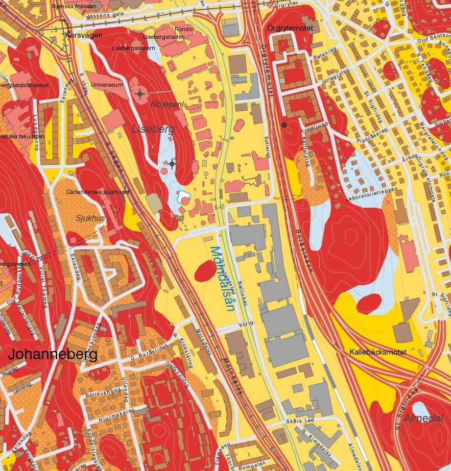 Figur 3. SGUs jordartskarta. Marken inom området består av till största delen postglacial lera (gult) samt en liten del berg i dagen (rödfärg). (SGU, 2017