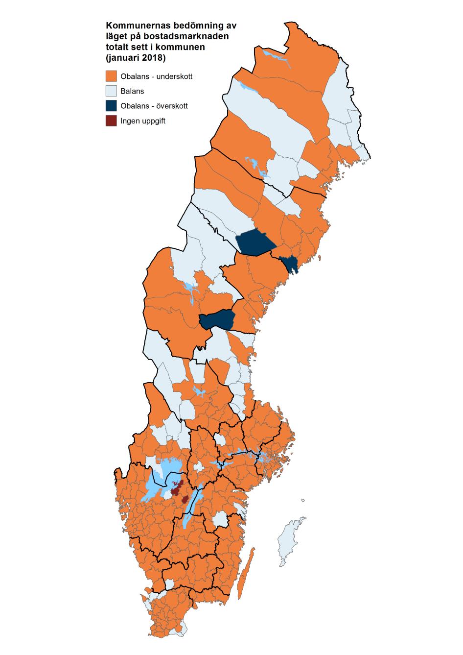 Bostadsmarknadsenkäten 2018 11 Samtliga kommuners bedömning av bostadsmarknadsläget som helhet, januari år 2018. Källa: Bostadsmarknadsenkäten 2018,.