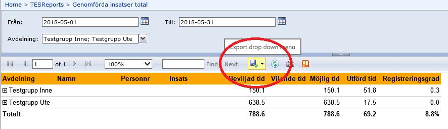 klicka på disketten och välja excel Sortera rapporten Genomförda insatser total