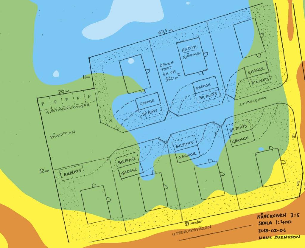 Undre bilderna: Maximal ljudnivå dag/kväll vid sydöstligaste huset, med två alternativa placeringar för en bullerskyddande skärm (2 m hög, 6 m lång).