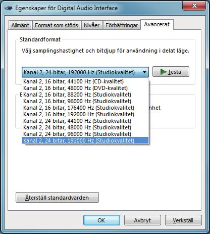 B Klicka på fliken Avancerat. C Välj samplingshastigheten och överföringshastigheten som ska användas för D/A-konverteraren.