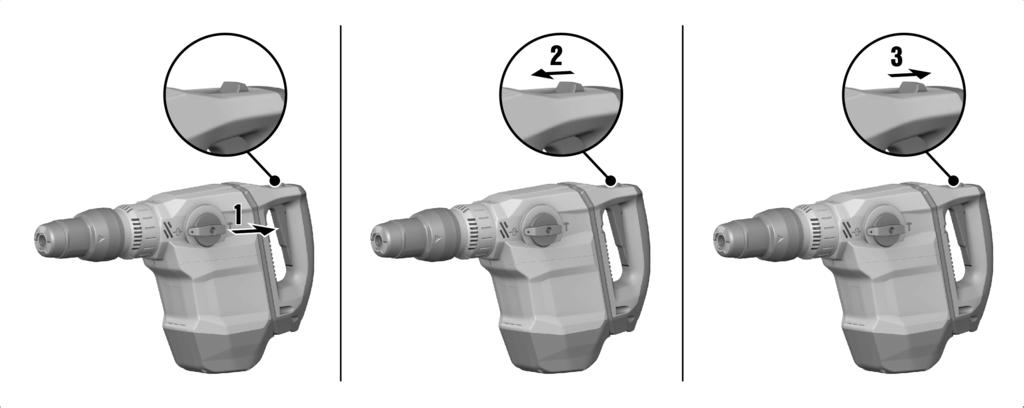5.2.2 Koppla till/från kontinuerlig drift Medan mejslingen pågår kan du låsa fast på/av-knappen i intryckt läge. 1. För låsknappen för kontinuerlig drift framåt. 2. Tryck in på/av-knappen hela vägen.