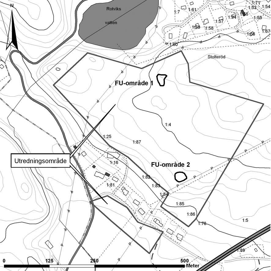 12 Bohusläns museum 2009:15 Figur 6. Utdrag ur fastighetskartan 8151. skala 1:5 000, med utredningsområdet och de nyfunna fornlämningarna FUO1 och FUO2 markerade.