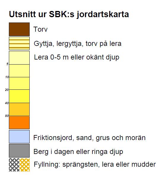 SGU:s jordartskarta. Enligt utsnitt från Stadsbyggnadskontorets jordartskarta utgörs jordarten i området av lera med liten mäktighet.