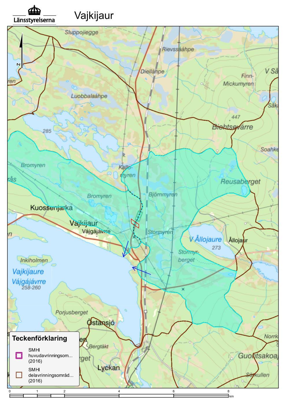 av området rinner mot Kvarnbäcken och den östra delen rinner mot Stormyrbäcken. Båda bäckarna mynnar i sjön Vajkijaure, se Figur 2.