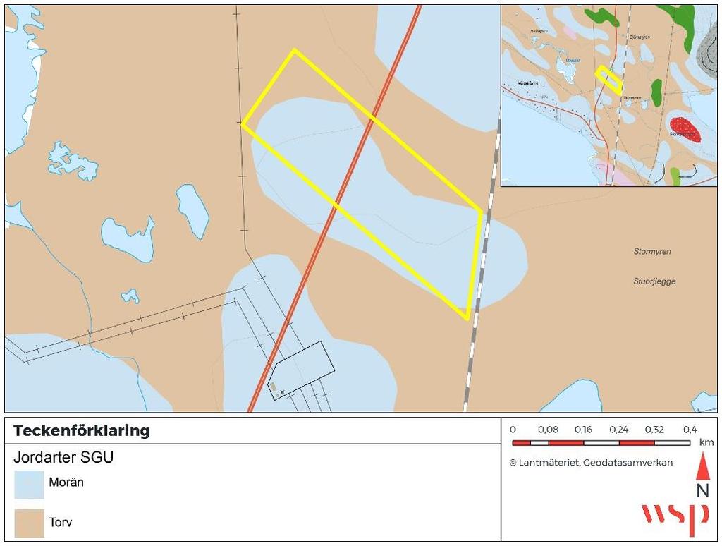 Figur 3. Planområde (gulmarkerat) samt jordartkarta, WSP 2019.