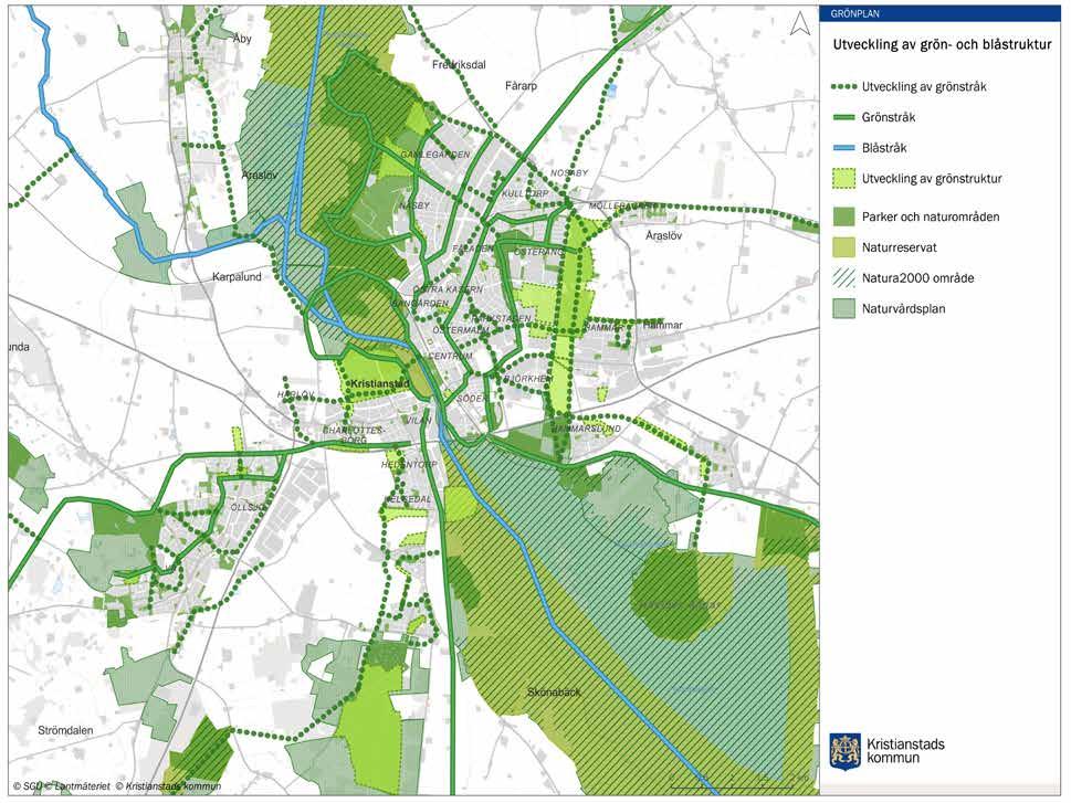 Kristianstad tätort Karta 11. Gröna och blå huvudstråk samt befintlig större grönområden och förslag till utvecklingsområden i och kring centralorten Kristianstad.