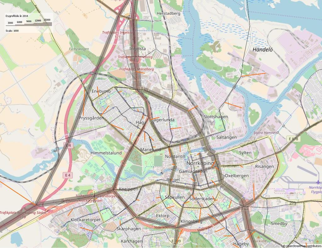 Figur 24. Illustration skaftkodning vägnät i Norrköping (Sydost) med modellberäknade dygnsflöden årsmedeldygn i nulägesscenario år 2014. Preliminär Basprognos 2018.